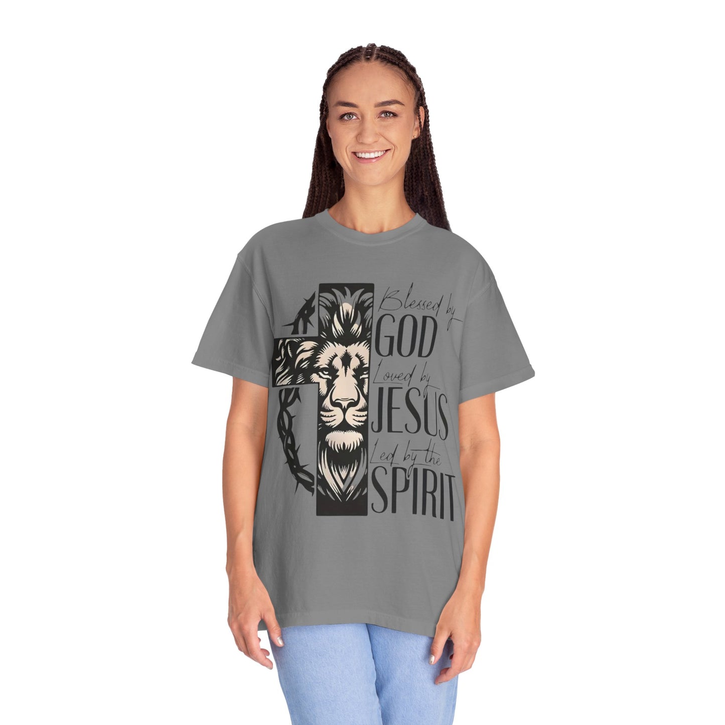 Faith-Inspired Unisex Garment-Dyed T-Shirt - Blessed by God, Loved by Jesus, Led by the Spirit