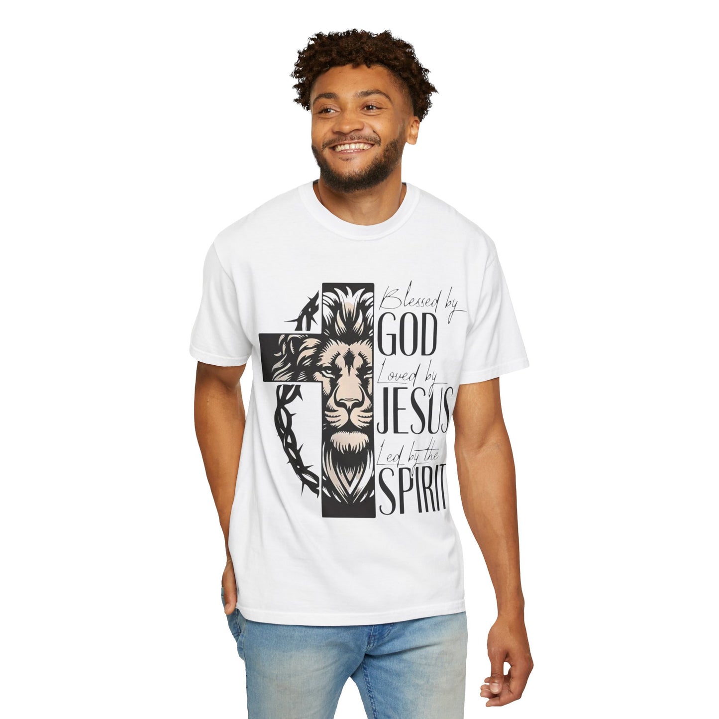 Faith-Inspired Unisex Garment-Dyed T-Shirt - Blessed by God, Loved by Jesus, Led by the Spirit