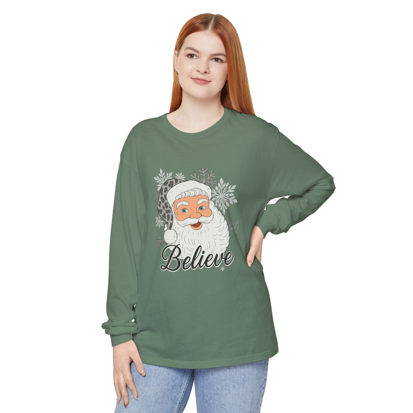 Festive Santa Long Sleeve T-Shirt - 'Believe' Holiday Tee