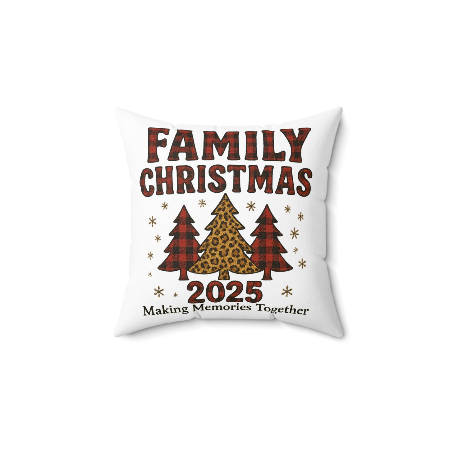 Family Christmas 2025 Square Pillow – Plaid & Leopard Tree Holiday Decor