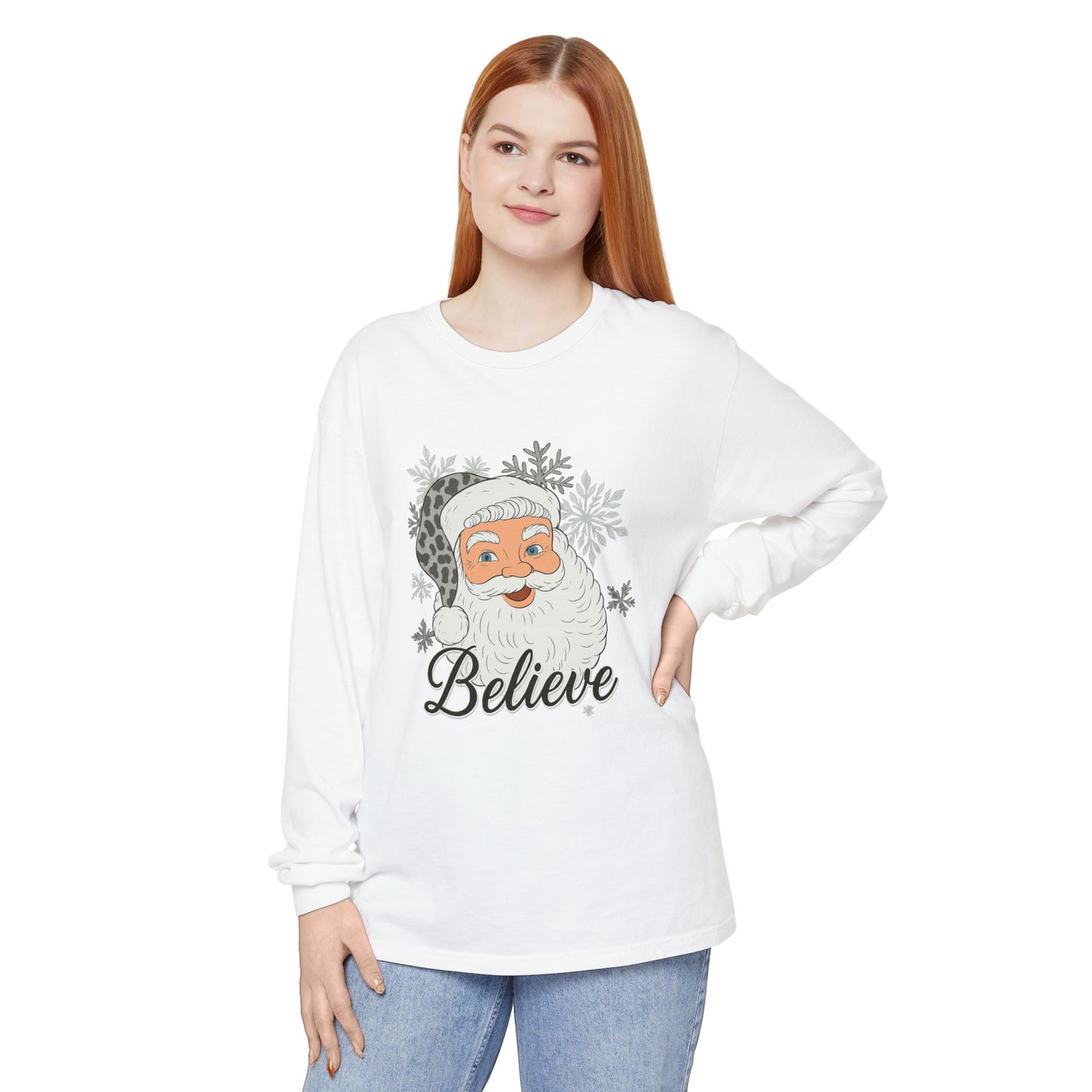 Festive Santa Long Sleeve T-Shirt - 'Believe' Holiday Tee