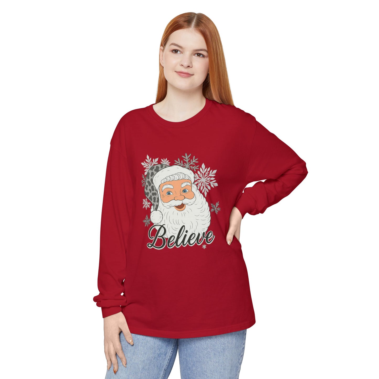 Festive Santa Long Sleeve T-Shirt - 'Believe' Holiday Tee
