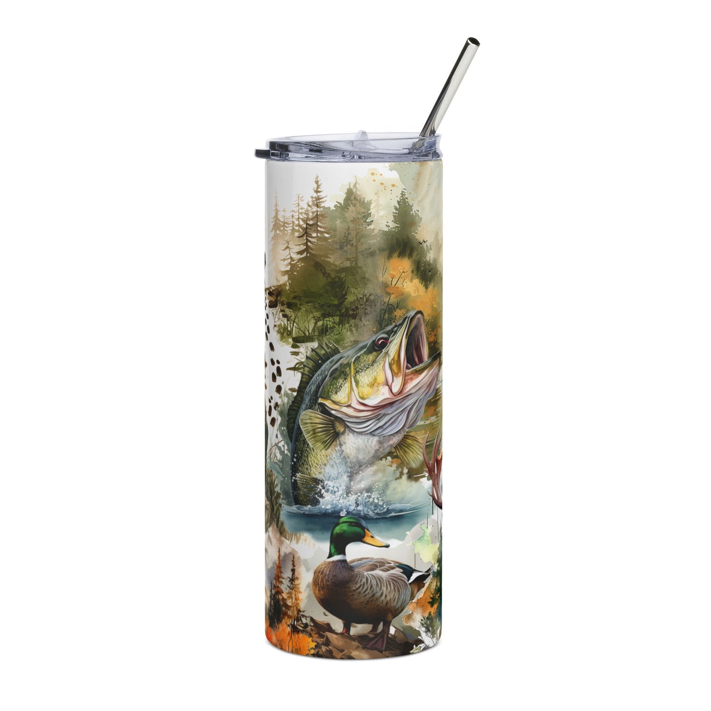Fishing & Wildlife 20oz Stainless Tumbler — Outdoorsman Travel Mug with Bass, Duck & Hunting Scene