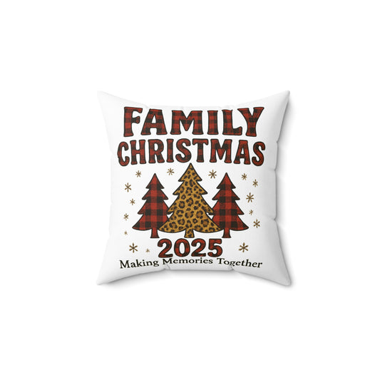 Family Christmas 2025 Square Pillow – Plaid & Leopard Tree Holiday Decor