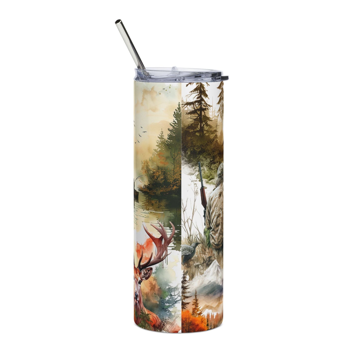 Fishing & Wildlife 20oz Stainless Tumbler — Outdoorsman Travel Mug with Bass, Duck & Hunting Scene