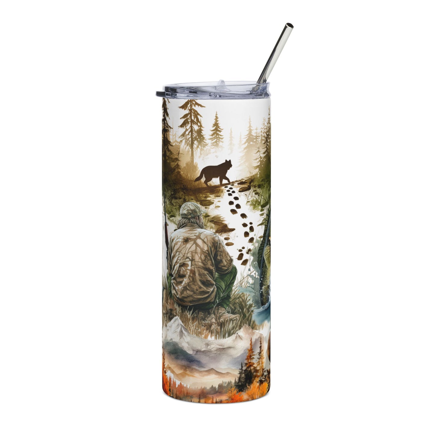 Fishing & Wildlife 20oz Stainless Tumbler — Outdoorsman Travel Mug with Bass, Duck & Hunting Scene