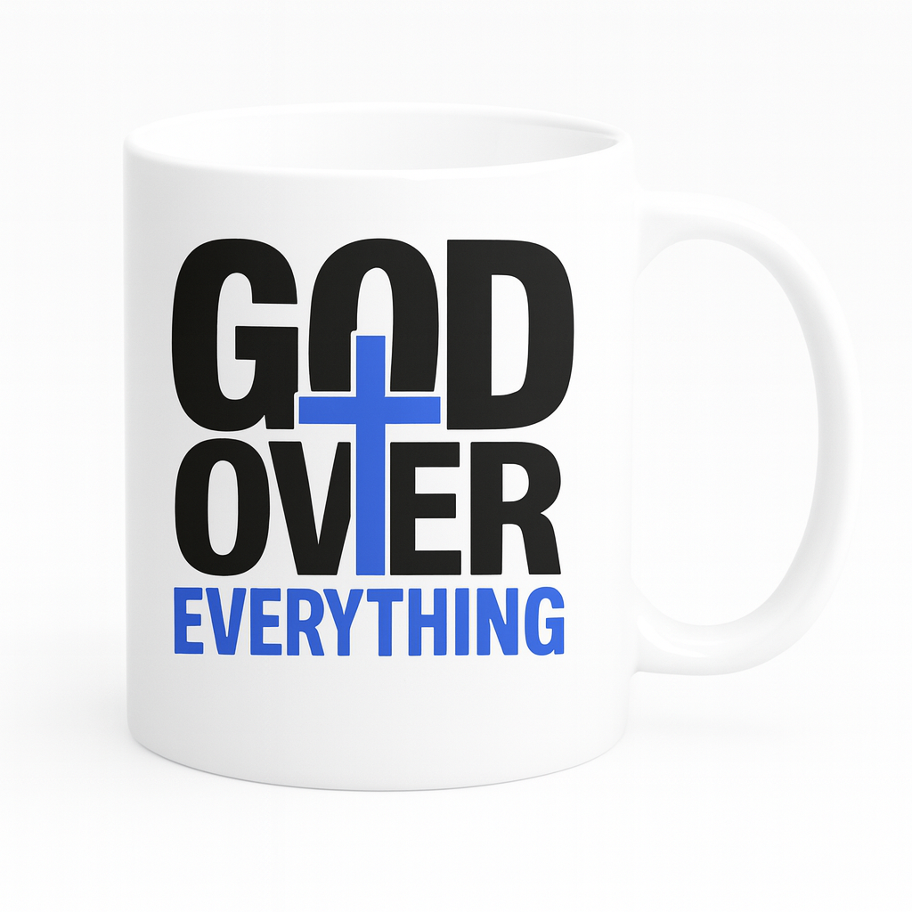 White mug with 'God Over Everything' text and blue cross on a white background